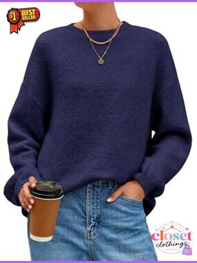 Fuzzy Long Sleeve Chunky Oversized Crewneck Pullover Sweater